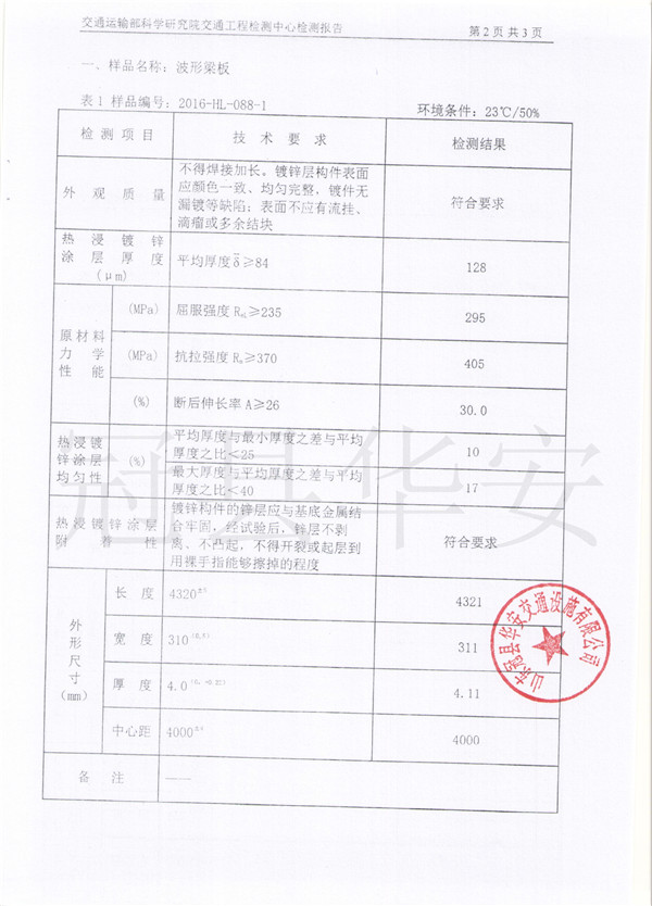 鍍鋅波形護(hù)欄檢測報告